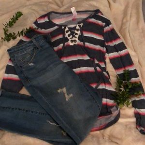 Women’s Striped Lace Up Sweater Size M